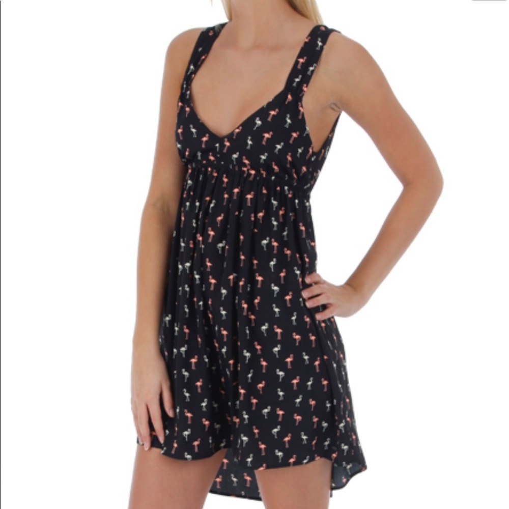 Roxy Black Flamingo Print Dress - Black with Pink/White Flamingos S